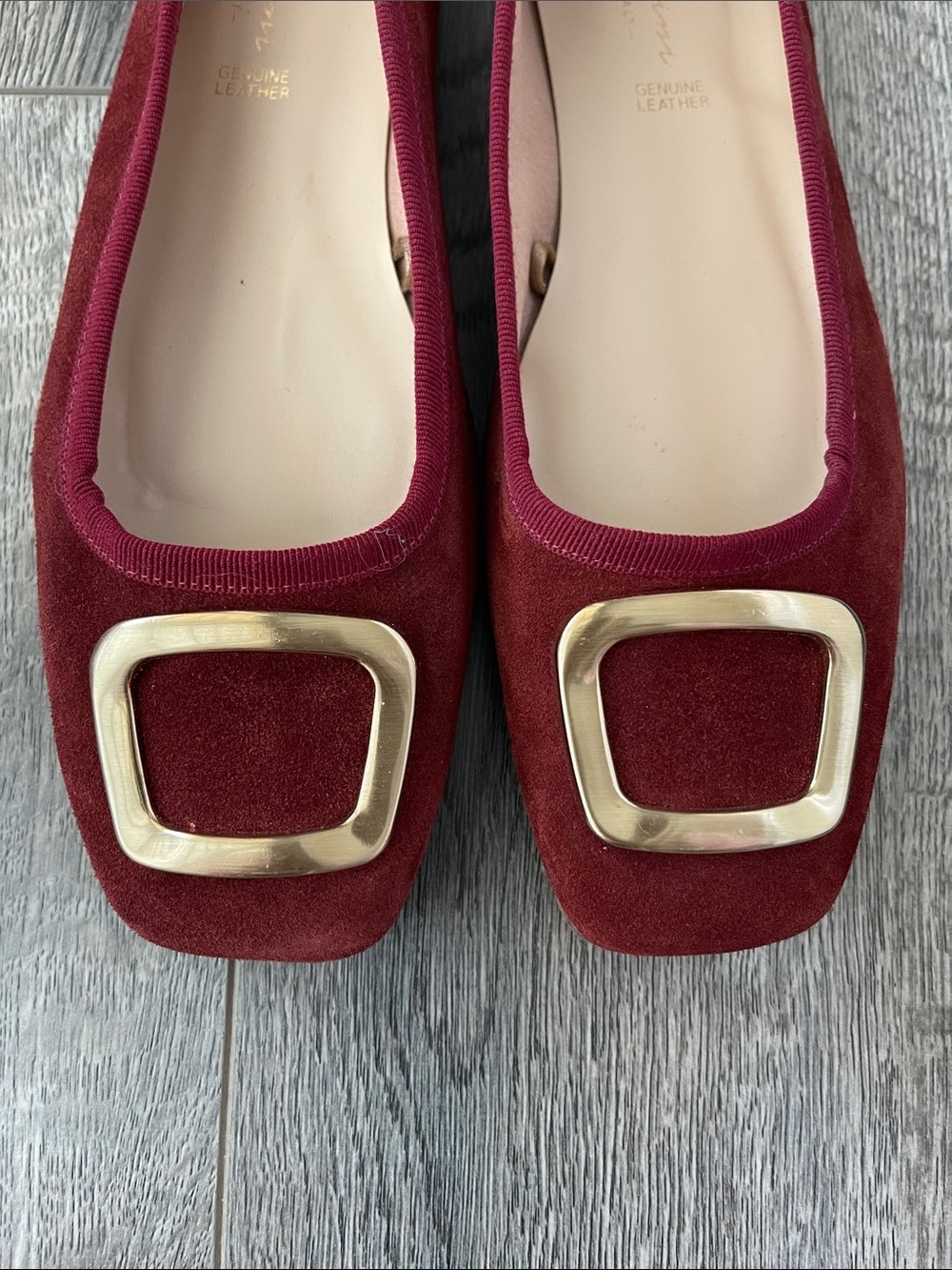 Red Suede Square-Toe Flats with Gold Buckle Accent - Picture 3 of 9